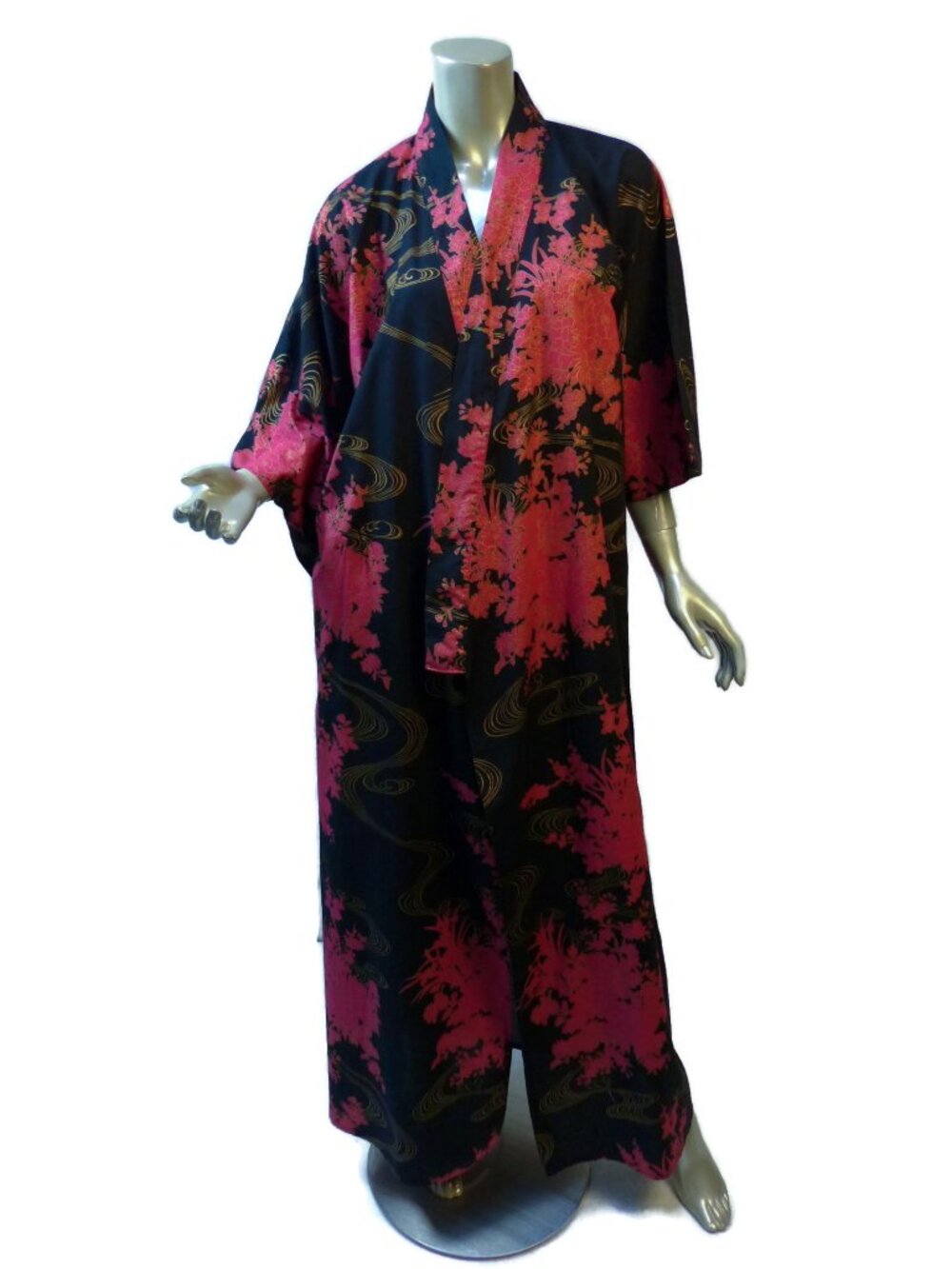 Vintage Japanese Yukata Cotton Western S-M Japan L Black Red Gold Kimono Floral